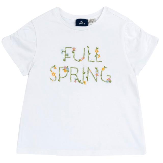 Maglietta Manica Corta Con Ricamo | Chicco Maglietta a manica corta bianca in jersey elasticizzato per bambina Chicco con ricami floreali e scritta, cotone sostenibile Oeko-Tex. | Chicco