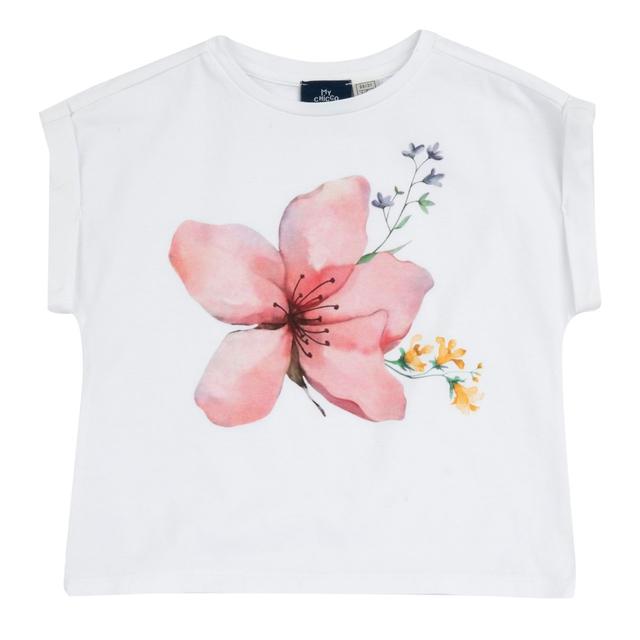 Maglietta Manica Corta Con Stampa | Chicco Maglietta a manica corta in jersey elasticizzato per bambina Chicco con stampa acquerello su sfondo bianco, vestibilità a scatoletta e risvolti alle maniche. | Chicco