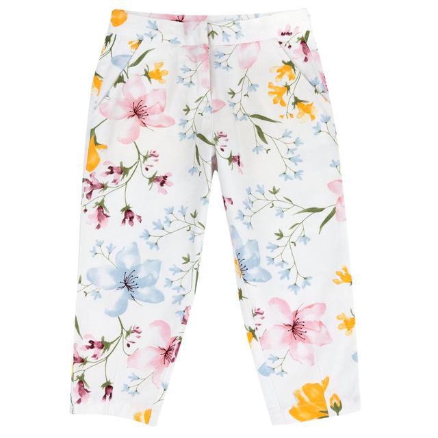 Pantaloni Lunghi Stampati | Chicco Pantaloni lunghi Chicco per bambina con stampa floreale effetto acquarello su fondo bianco, vita elasticizzata regolabile e tasche anteriori. | Chicco