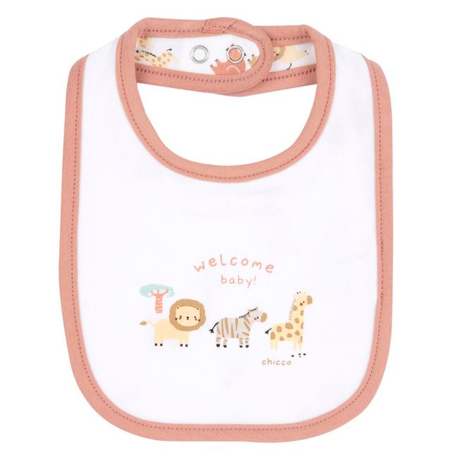 Bavaglino Stampato | Chicco Bavaglino Chicco unisex in cotone elasticizzato bianco con stampa fantasia di animali sul retro, ideale per primavera ed estate. | Chicco