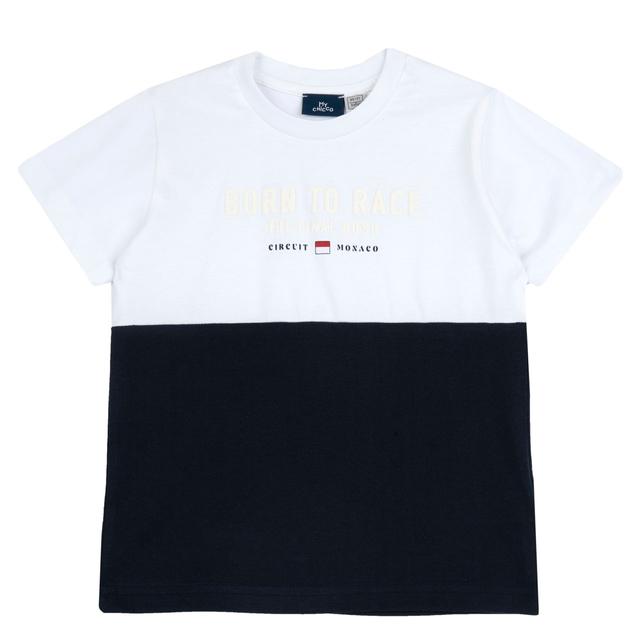 Maglietta Manica Corta | Chicco Maglietta manica corta blu in jersey di cotone per bambino Chicco con stampa a rilievo e inserti color block, perfetta per la primavera/estate. | Chicco