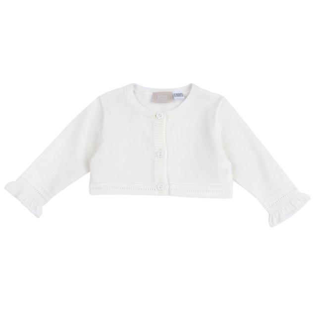 Cardigan In Maglia | Chicco Cardigan in maglia bianco per bambina Chicco in cotone tricot con traforatura e balza alle maniche, bottoncini fiore effetto madreperla. | Chicco
