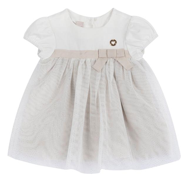 Vestito Manica Corta | Chicco Vestito girocollo Chicco bianco a manica corta per bambina, in jersey elasticizzato con dettagli glitter, fiocco e medaglietta a cuore. | Chicco