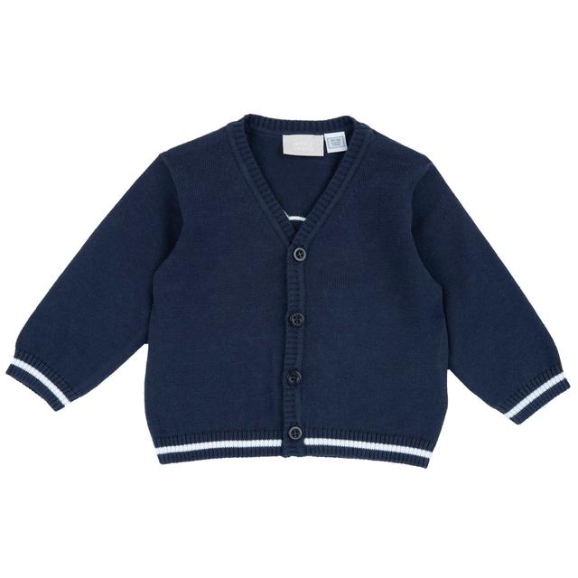 Cardigan In Maglia | Chicco Cardigan in maglia blu per bambino Chicco con righe bianche a contrasto e ricamo di orso sul retro. | Chicco