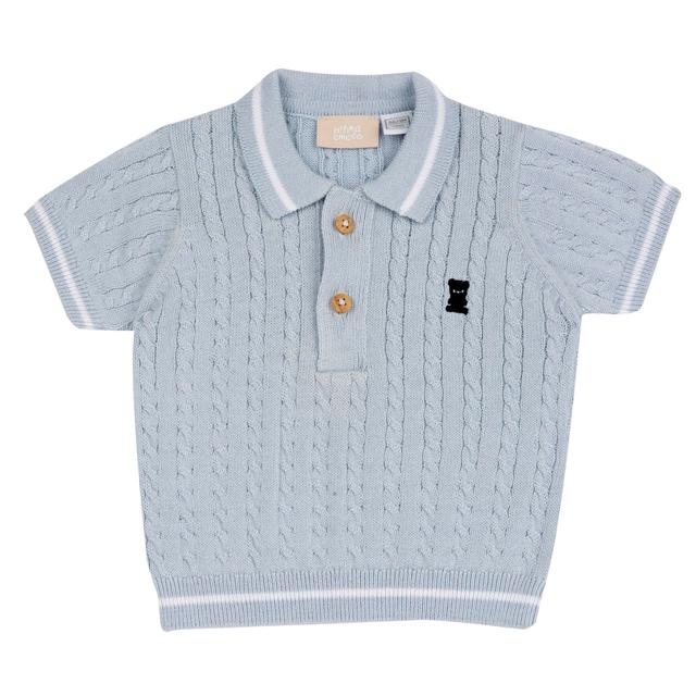 Polo Manica Corta In Maglia | Chicco Polo manica corta in maglia di cotone azzurro per bambino Chicco con disegno a trecce verticali, colletto e fondo a righe a contrasto e ricamo orsetto blu. | Chicco