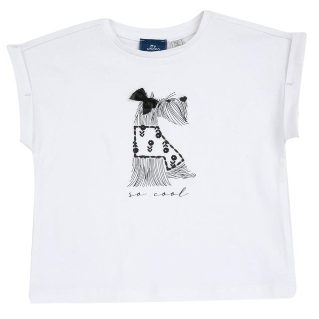 Maglietta Manica Corta Con Stampa | Chicco Maglietta a manica corta bianca in cotone sostenibile Chicco per bambina con stampa effetto puffy e fiocchetto applicato. | Chicco