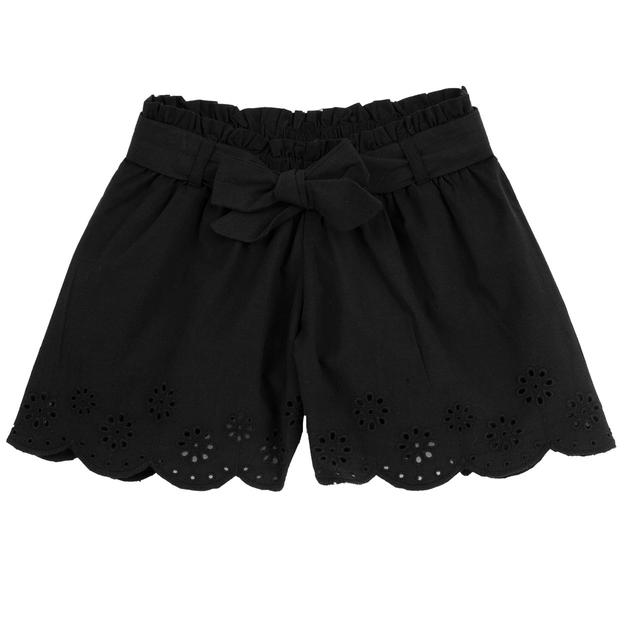 Pantaloni Corti Con Fondo In Sangallo | Chicco Pantaloni corti neri in popeline di cotone sostenibile Chicco per bambina con fondo in sangallo, vita elasticizzata e fusciacca. | Chicco