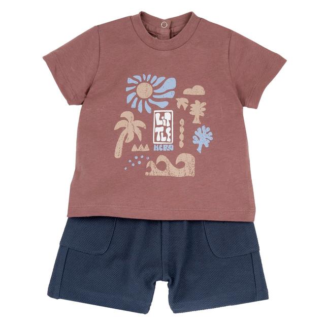 Completo Maglietta Manica Corta Con Pantaloni Corti | Chicco Completo azzurro Chicco per bambino con maglietta a manica corta con stampa vintage e pantaloni corti in maglia con effetto diagonale. | Chicco