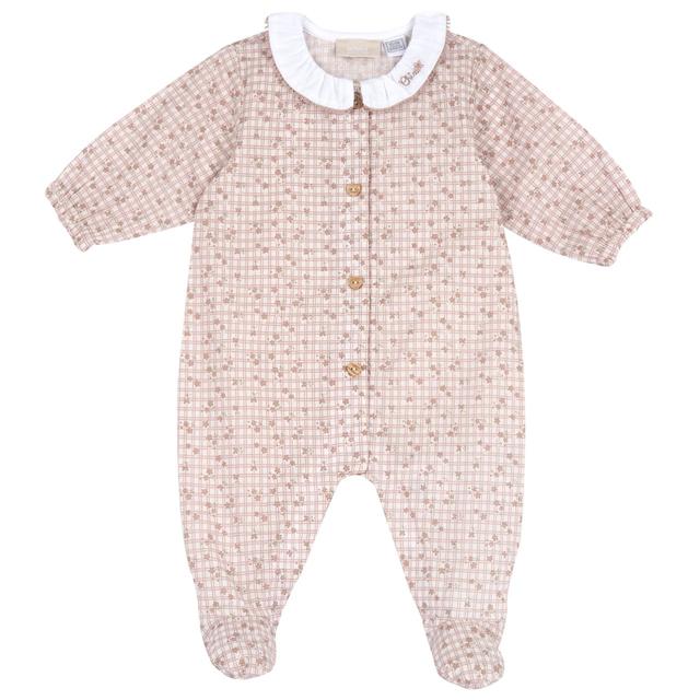 Tutina Aperta Davanti | Chicco Tutina aperta davanti beige in mussola di cotone sostenibile per bambina, con stampa fantasia e bottoni a cuore firmata Chicco. | Chicco