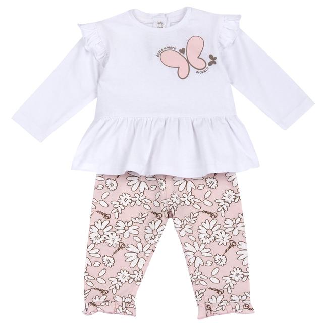 Completo Maglietta Manica Lunga Con Leggings | Chicco Completo maglietta bianca a manica lunga con stampa farfalla e leggings fantasia floreale per bambina Chicco in jersey elasticizzato di cotone sostenibile. | Chicco
