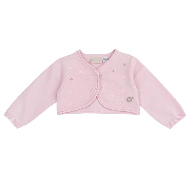 Cardigan In Maglia | Chicco Cardigan in maglia Chicco rosa per bambina, in morbido cotone 100%, con lavorazione tricot traforata e bottoncini fiore effetto madreperla. | Chicco