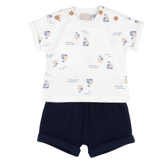 Completo Maglietta Manica Corta Con Pantaloni Corti | Chicco Completo Chicco blu per bambino con maglietta a manica corta stile kimono e pantaloni corti in cotone elasticizzato, stampa marina acquarello. | Chicco
