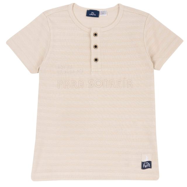 Maglietta Manica Corta | Chicco Maglietta a manica corta bianca Chicco per bambino in morbido cotone sostenibile con effetto riga, ricamo a rilievo e apertura a bottoni. | Chicco