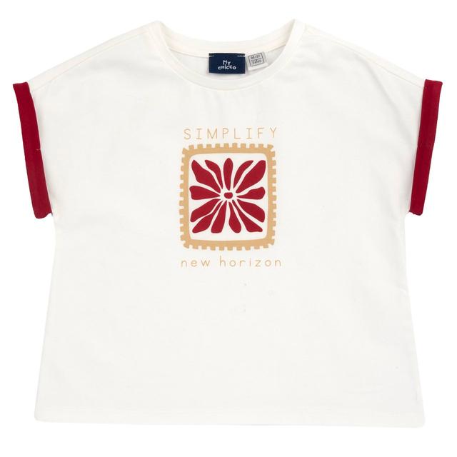 Maglietta Manica Corta Con Stampa | Chicco Maglietta a manica corta bianca per bambina Chicco con stampa grafica, risvolti a contrasto e cotone sostenibile. | Chicco