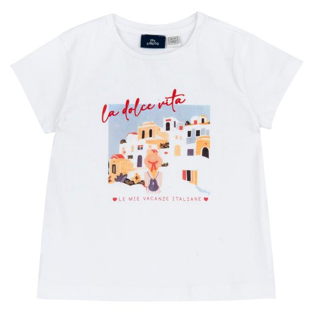 Maglietta Manica Corta Con Stampa | Chicco Maglietta a manica corta bianca per bambina Chicco con vivace stampa glitterata e scritta effetto gel, in jersey elasticizzato di cotone sostenibile. | Chicco