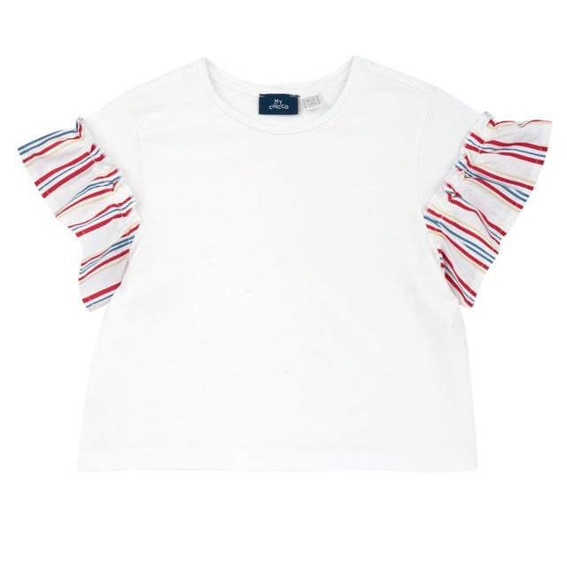 Maglietta Manica Corta Con Inserto | Chicco Maglietta bianca a manica corta Chicco per bambina con balzina a righe, in cotone sostenibile certificato Oeko-Tex. | Chicco