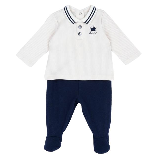 Completo Maglia E Pantaloni Con Piedini | Chicco Completo neonato Chicco in cotone elasticizzato bianco con piedini, maglia a righe con colletto a costina e pantaloni coordinati, ideale per primavera/estate. | Chicco