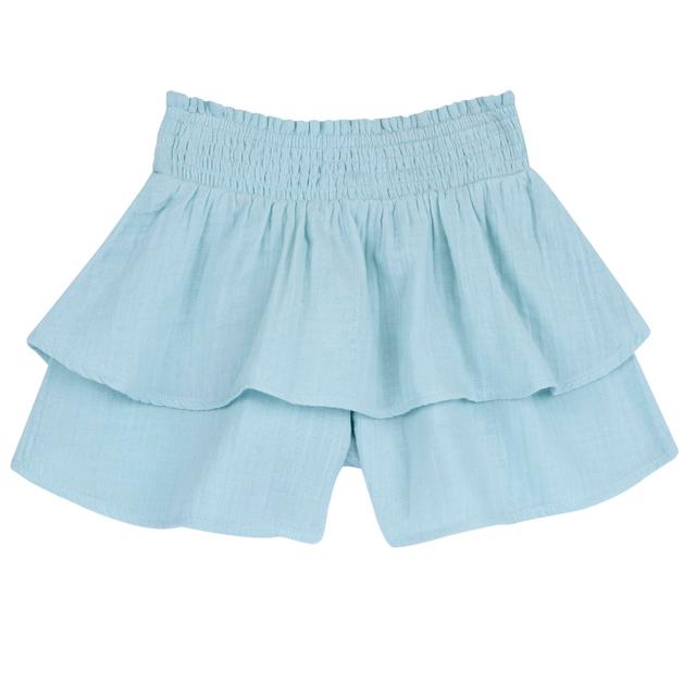 Pantaloni Corti A Balze | Chicco Pantaloni corti verdi in garza di cotone per bambina con balza arricciata e vita elasticizzata effetto smock, collezione Chicco. | Chicco