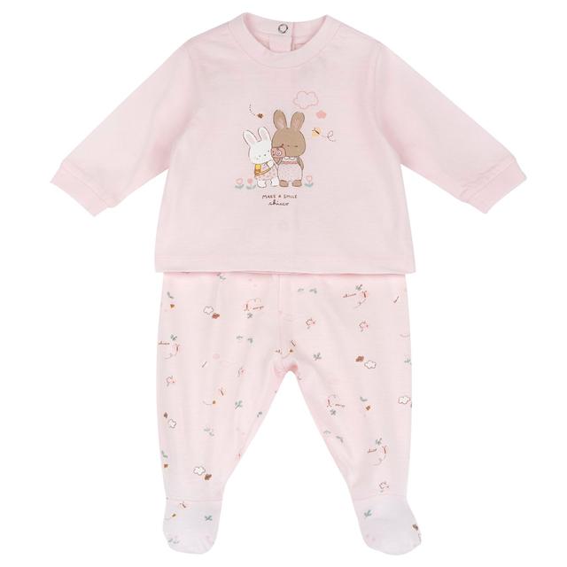 Completo Maglia E Pantaloni Con Piedini | Chicco Completo Chicco rosa per bambina in morbido jersey di cotone sostenibile, con maglia a grafica stampata e pantaloni fantasia con piedini. | Chicco
