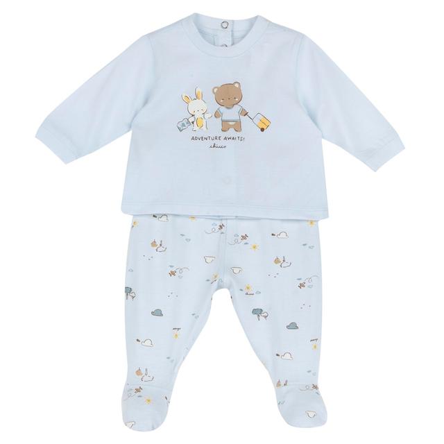 Completo Maglia E Pantaloni Con Piedini | Chicco Completo Chicco rosa per bambina in morbido jersey di cotone sostenibile, con maglia a grafica stampata e pantaloni fantasia con piedini. | Chicco