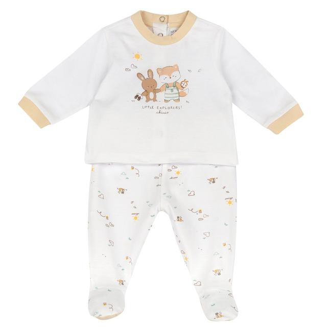 Completo Maglia E Pantaloni Con Piedini | Chicco Completo Chicco rosa per bambina in morbido jersey di cotone sostenibile, con maglia a grafica stampata e pantaloni fantasia con piedini. | Chicco