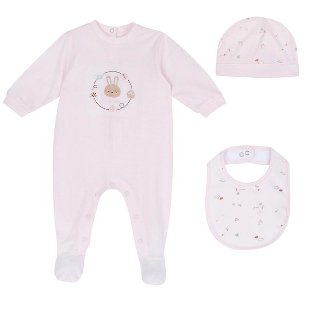 Set Regalo Con Tutina Cappello E Bavaglino | Chicco Set regalo Chicco per bambina con tutina rosa in cotone sostenibile, cappellino regolabile e bavaglino, ideale per primavera/estate. | Chicco