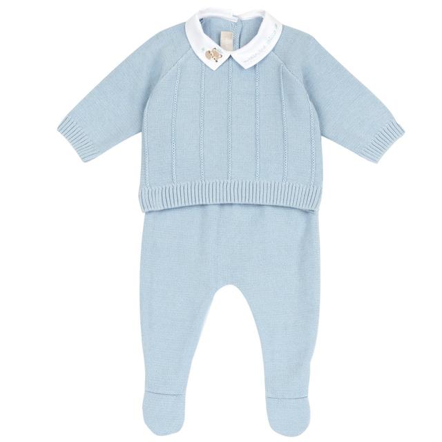Completo Maglia E Pantaloni Con Piedini | Chicco Completo azzurro Chicco in maglia misto cotone per neonato, composto da maglia con colletto ricamato e pantaloni con piedini, ideale per la primavera/estate. | Chicco