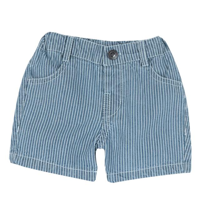 Pantaloni Corti In Denim | Chicco Pantaloni corti in denim blu a righine per bambino Chicco, 100% cotone sostenibile, con vita elastica regolabile e chiusura automatica a pressione. | Chicco