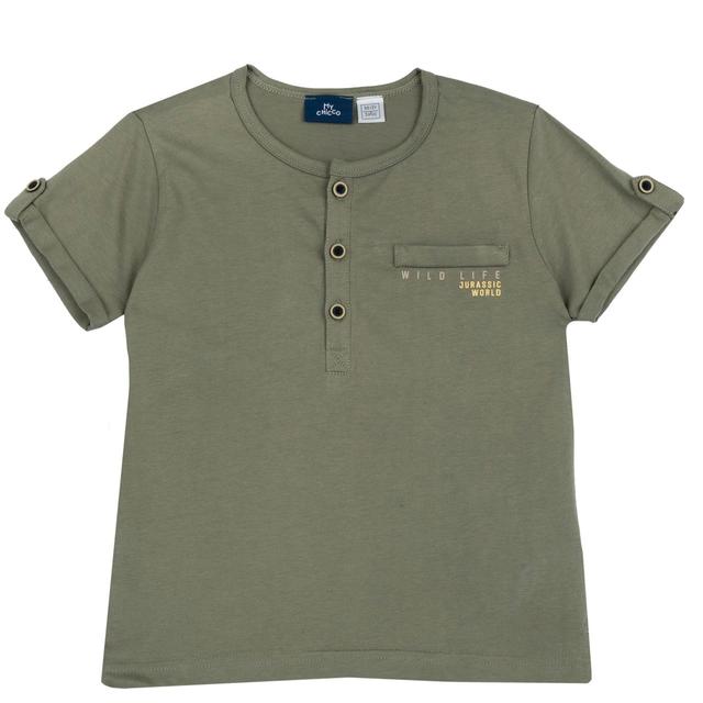 Maglietta Manica Corta | Chicco Maglietta a manica corta verde in cotone sostenibile per bambino Chicco con stampa effetto rilievo e bottoni frontali. | Chicco