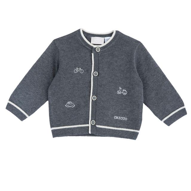 Cardigan In Maglia | Chicco Cardigan girocollo in maglia di cotone mélange grigio mélange con righe bianche a contrasto sui bordi e bottoni bicolore per bambino Chicco. | Chicco