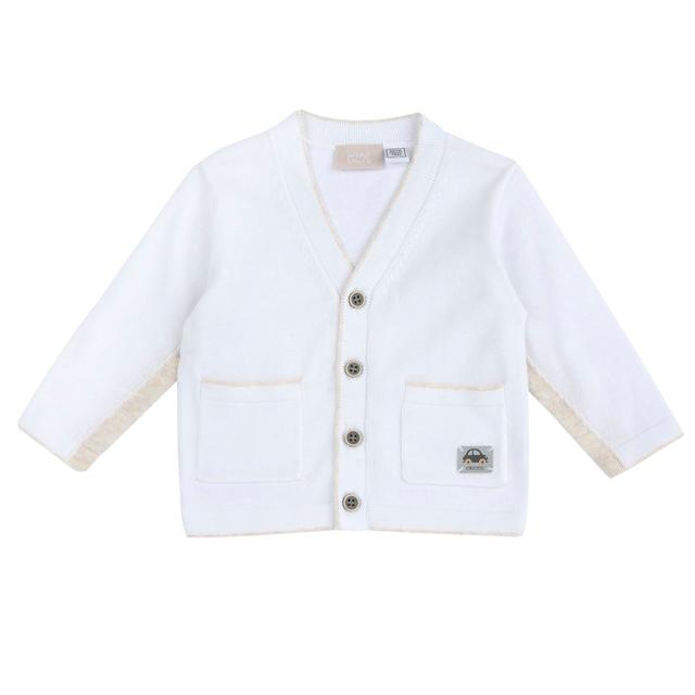 Cardigan In Maglia | Chicco Cardigan in maglia di cotone bianco per bambino Chicco con dettagli a contrasto beige mélange, bottoni bicolore e tasche frontali. | Chicco