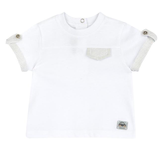 Maglietta Manica Corta | Chicco Maglietta manica corta bianca per bambino Chicco in morbido cotone sostenibile Oeko-Tex, con collo elasticizzato e dettagli a righe. | Chicco