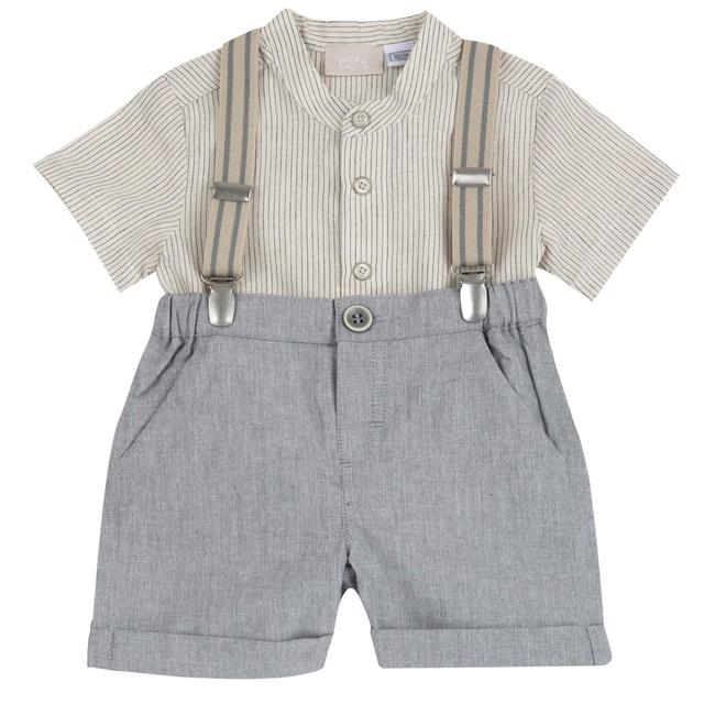 Completo Camicia Manica Corta E Pantaloni Corti | Chicco Completo estivo grigio per bambino Chicco composto da camicia a righe in cotone-lino con collo alla coreana e pantaloni in twill con bretelle. | Chicco