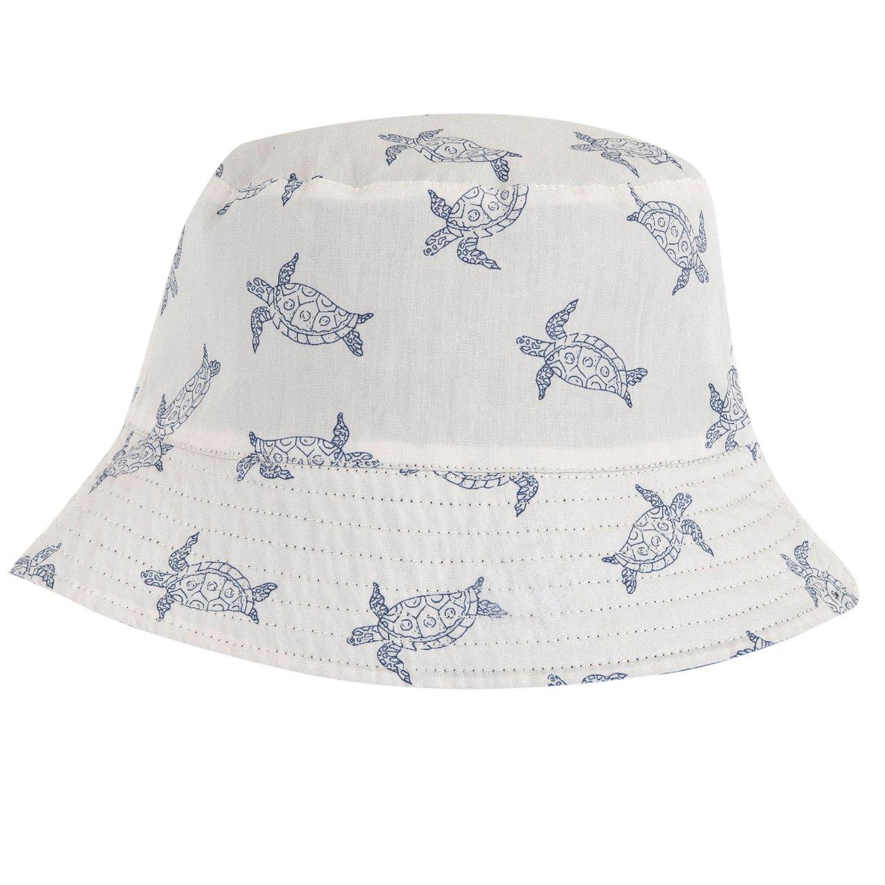 Cappello Reversibile | Chicco Cappello reversibile in popeline blu tinta unita da un lato e bianco con eleganti tartarughe marine dall'altro, ideale per l'estate. | Chicco