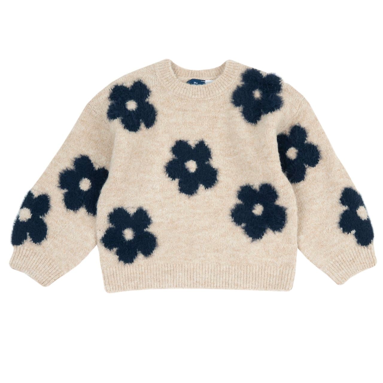 Maglione Girocollo | Chicco Maglione girocollo da bambina Chicco bianco in misto lana con lavorazione jacquard a fiori, bordi a costine e bottoni effetto madreperla per taglie fino a 18 mesi. | Chicco