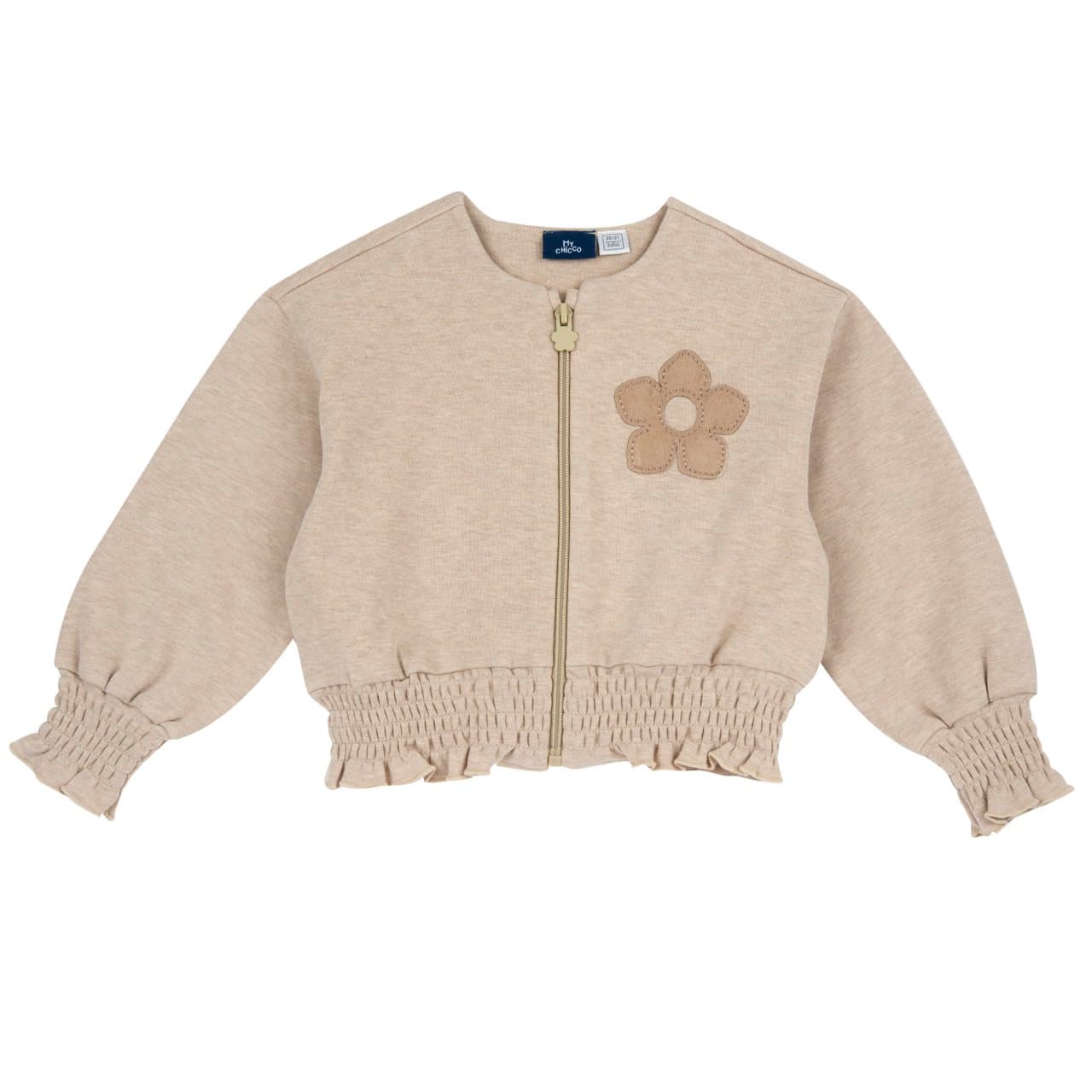 Cardigan In Interlock Con Zip | Chicco Cardigan in interlock bianco per bambina Chicco con zip e applicazione frontale a fiore scamosciato, ideale per l'autunno/inverno. | Chicco