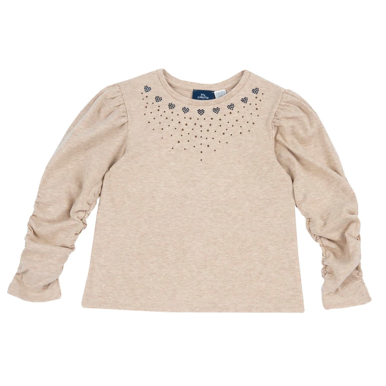 Maglietta Manica Lunga | Chicco Maglietta a manica lunga Chicco da bambina in costina elasticizzata mélange bianca con strass a cascata sul davanti e maniche arricciate. | Chicco