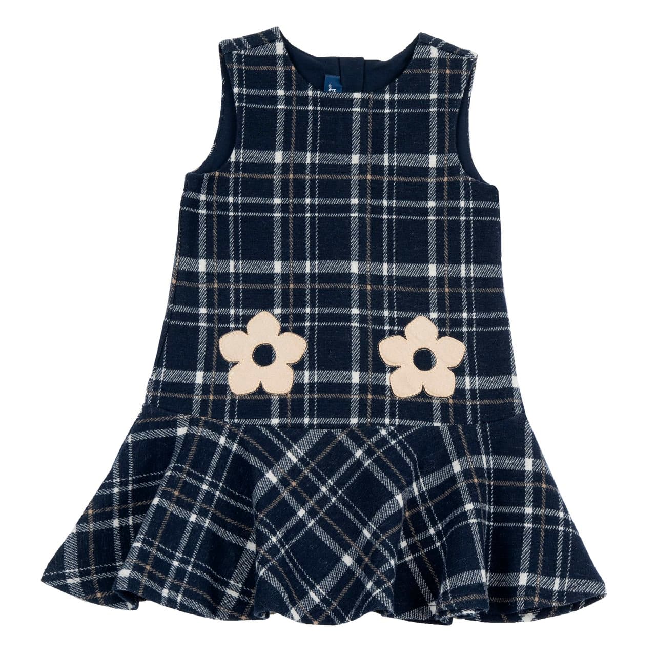 Vestito Smanicato | Chicco Vestito smanicato Chicco per bambina in maglia jacquard a quadri blu, con applicazioni floreali scamosciate e fodera in cotone, ideale per autunno/inverno. | Chicco