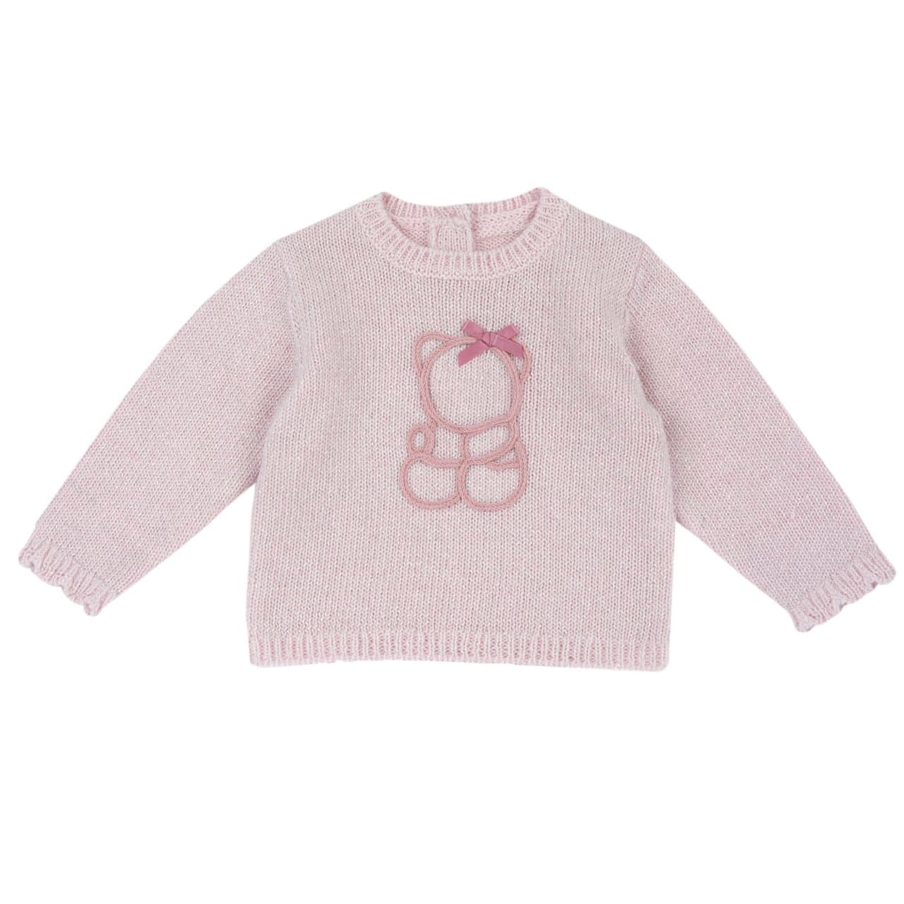 Maglione Ricamato | Chicco Maglione girocollo rosa Chicco da bambina con ricamo orsetto, bordi smerlati e fiocco in raso, ideale per autunno/inverno. | Chicco
