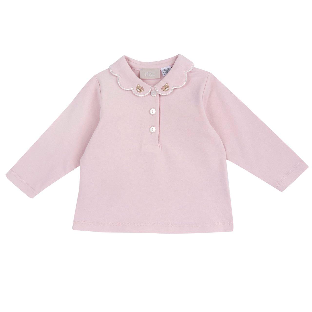 Polo Con Ricamo | Chicco Polo Chicco rosa a manica lunga per bambina con colletto baby smerlato e ricamo di orsetti, chiusura con bottoncini madreperla. | Chicco