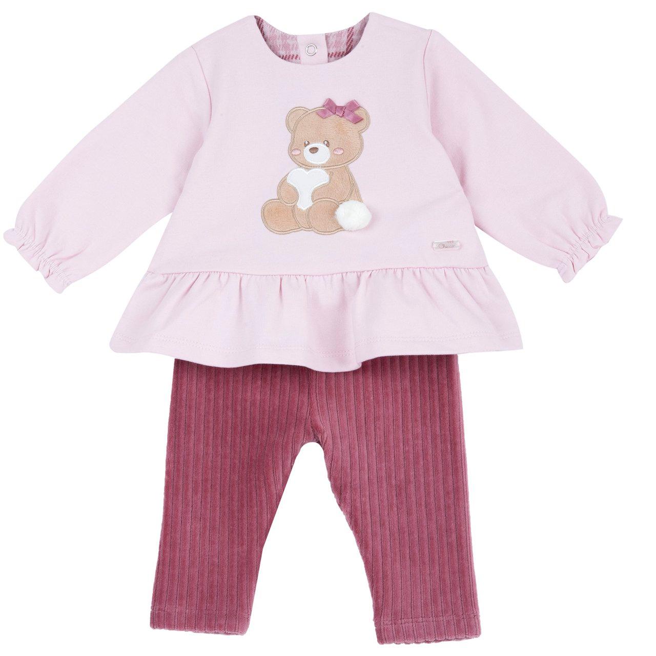 Completo Maglia Con Leggings | Chicco Completo Chicco rosa per bambina con maglia in felpa garzata e leggings in ciniglia, ricamo orsetto effetto velluto e fiocco. | Chicco