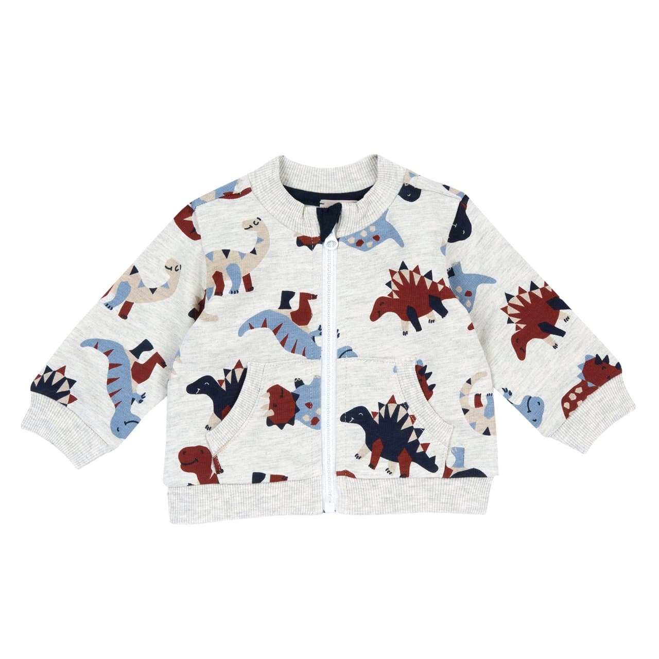 Felpa Con Zip | Chicco Felpa con zip Chicco grigia per bambino, con fantasia all-over di dinosauri multicolore, tasca a marsupio e bordi in costina elasticizzata. | Chicco