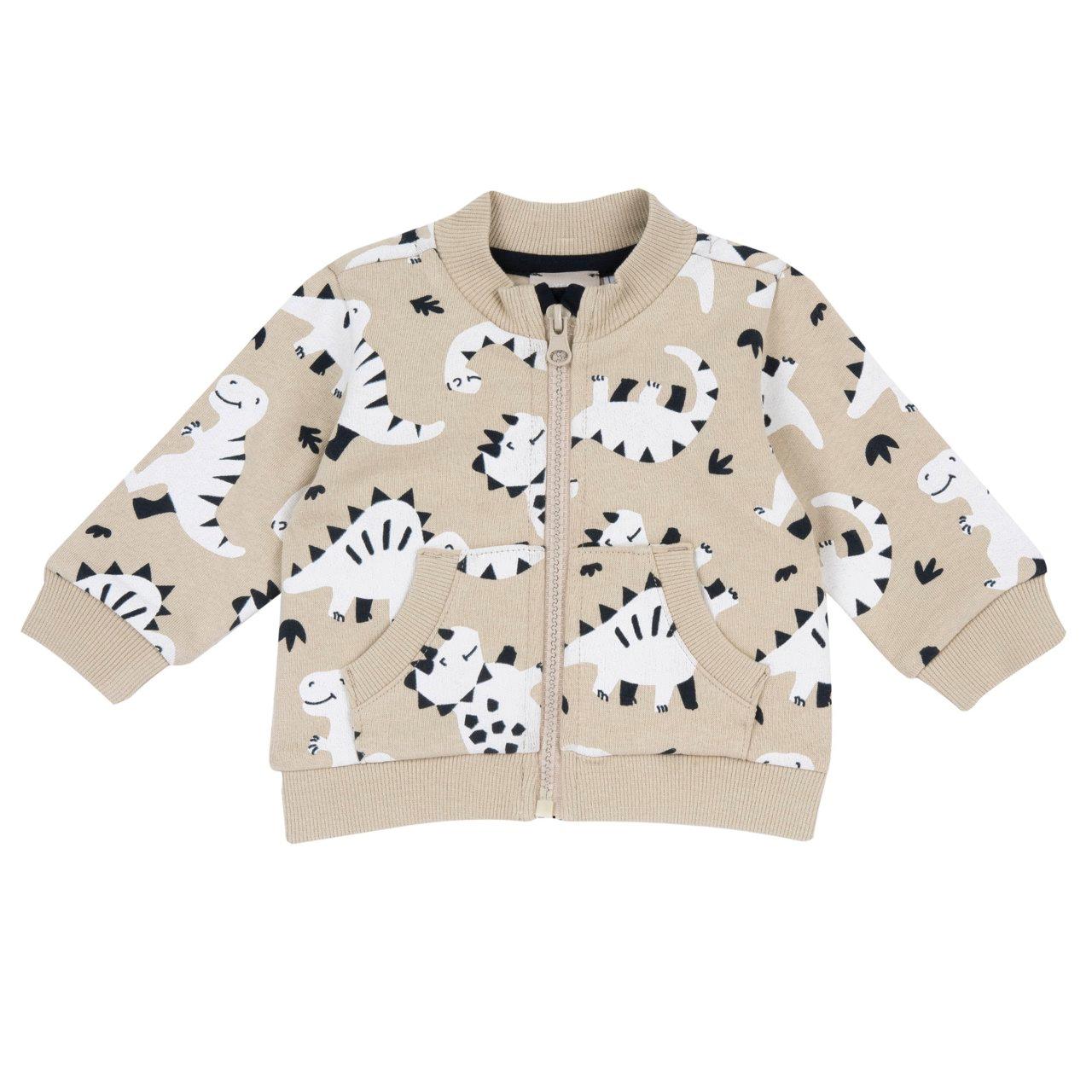 Felpa Con Zip | Chicco Felpa con zip Chicco bianca per bambino con fantasia all-over di dinosauri bicolore, tasca a marsupio e finiture elasticizzate. | Chicco