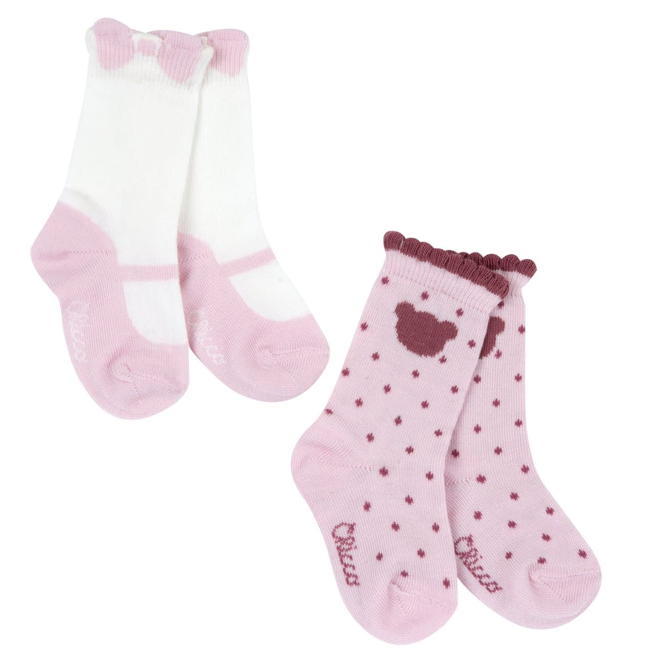 Set Due Paia Calzini Gambaletto Jacquard | Chicco Set due paia calzini gambaletto jacquard Chicco rosa in caldo cotone per bambina, con motivi a fiocco, scarpetta e orsetto con pois. | Chicco