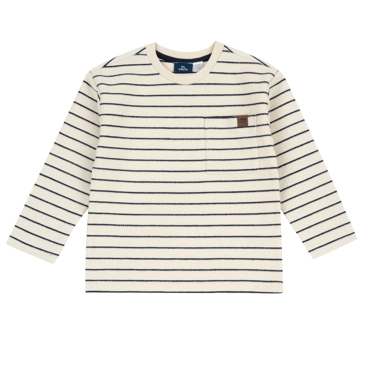 Maglietta Manica Lunga Rigata | Chicco Maglietta a manica lunga rigata Chicco per bambino in misto cotone grigio tinto filo, con tasca ornamentale e bottoni a pressione sulla spalla. | Chicco
