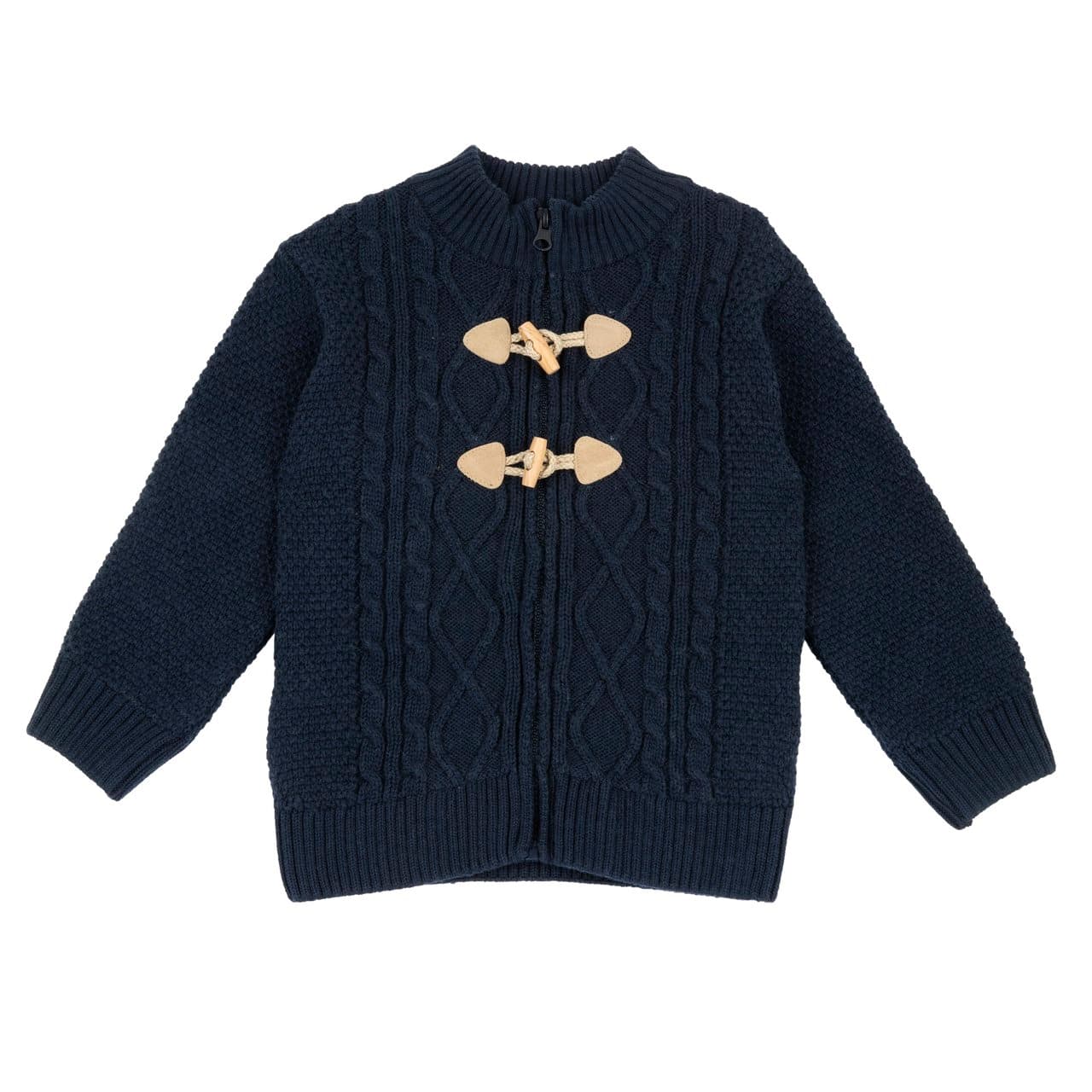 Cardigan In Maglia | Chicco Cardigan in maglia Chicco blu per bambino con motivo a rombi e trecce frontali, zip e alamari decorativi effetto legno. | Chicco