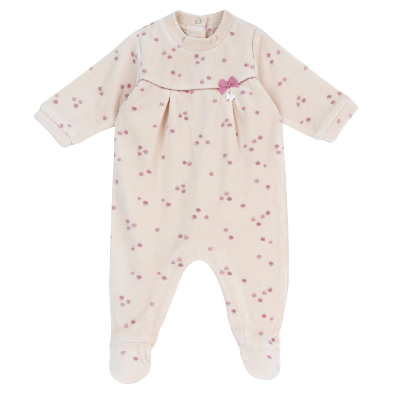 Tutina Aperta Interno Gamba | Chicco Tutina Chicco per bambina in ciniglia beige con fantasia di mele, fiocco e medaglietta, aperta all'inguine e antiscivolo sotto i piedini. | Chicco