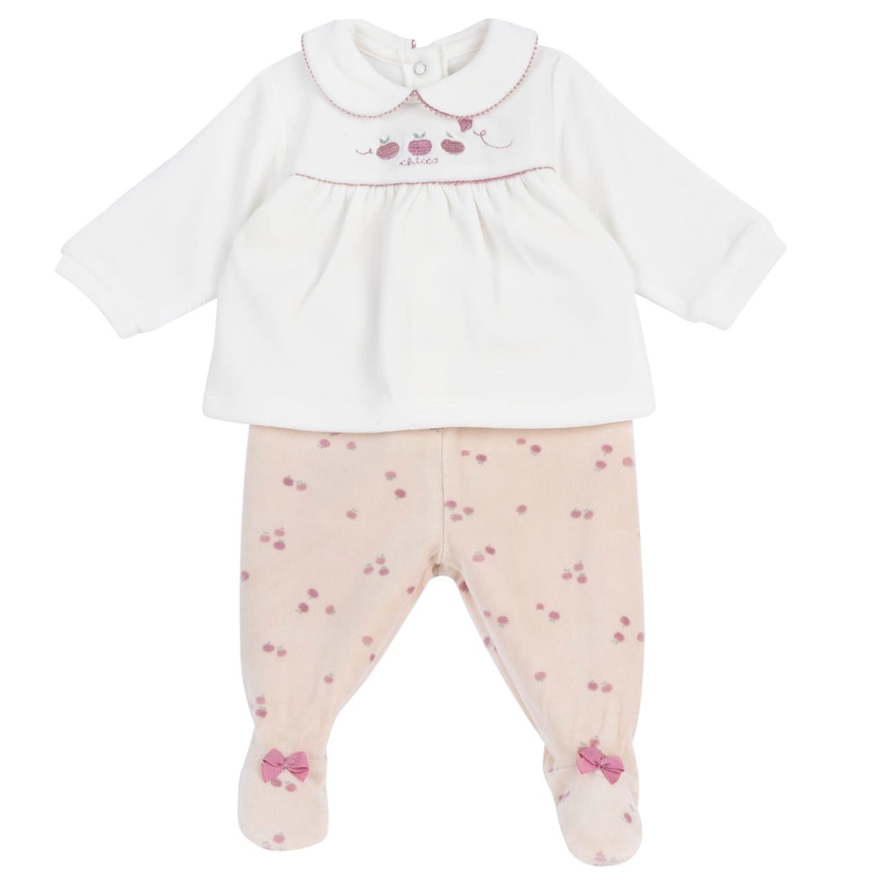 Completo Maglia E Pantaloni Con Piedini | Chicco Completo Chicco per bambina in ciniglia beige, maglia con grafica ricamata e pantaloni fantasia con fiocchi, ideale autunno/inverno, taglia 0-12 mesi. | Chicco