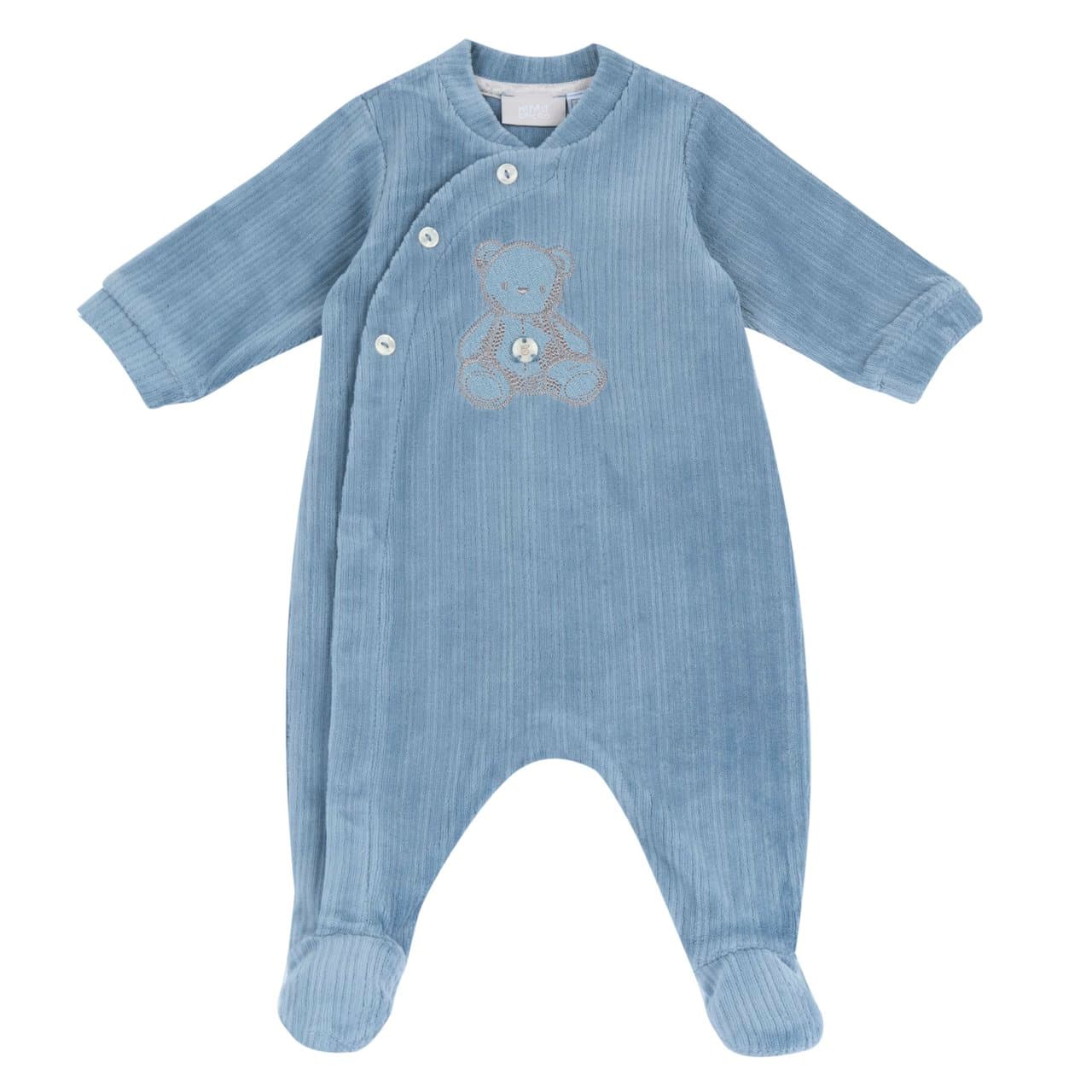 Tutina Aperta Davanti | Chicco Tutina aperta davanti Chicco azzurra in ciniglia a coste per neonato, con grafica ricamata e stampa antiscivolo sotto i piedini. | Chicco