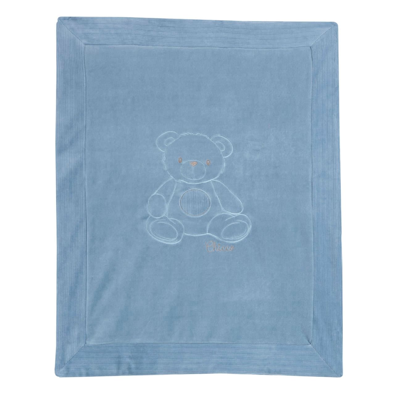 Coperta Carrozzina | Chicco Coperta carrozzina Chicco azzurra in ciniglia a coste con grafica ricamata e stampa orsetti, ideale autunno/inverno, certificata Oeko-Tex. | Chicco